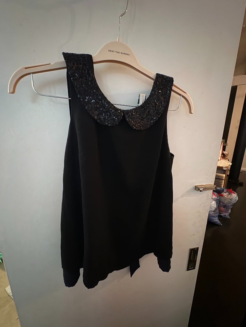 Black Sleeveless Top Sequin Peter Pan Collar Bow Tie Detail